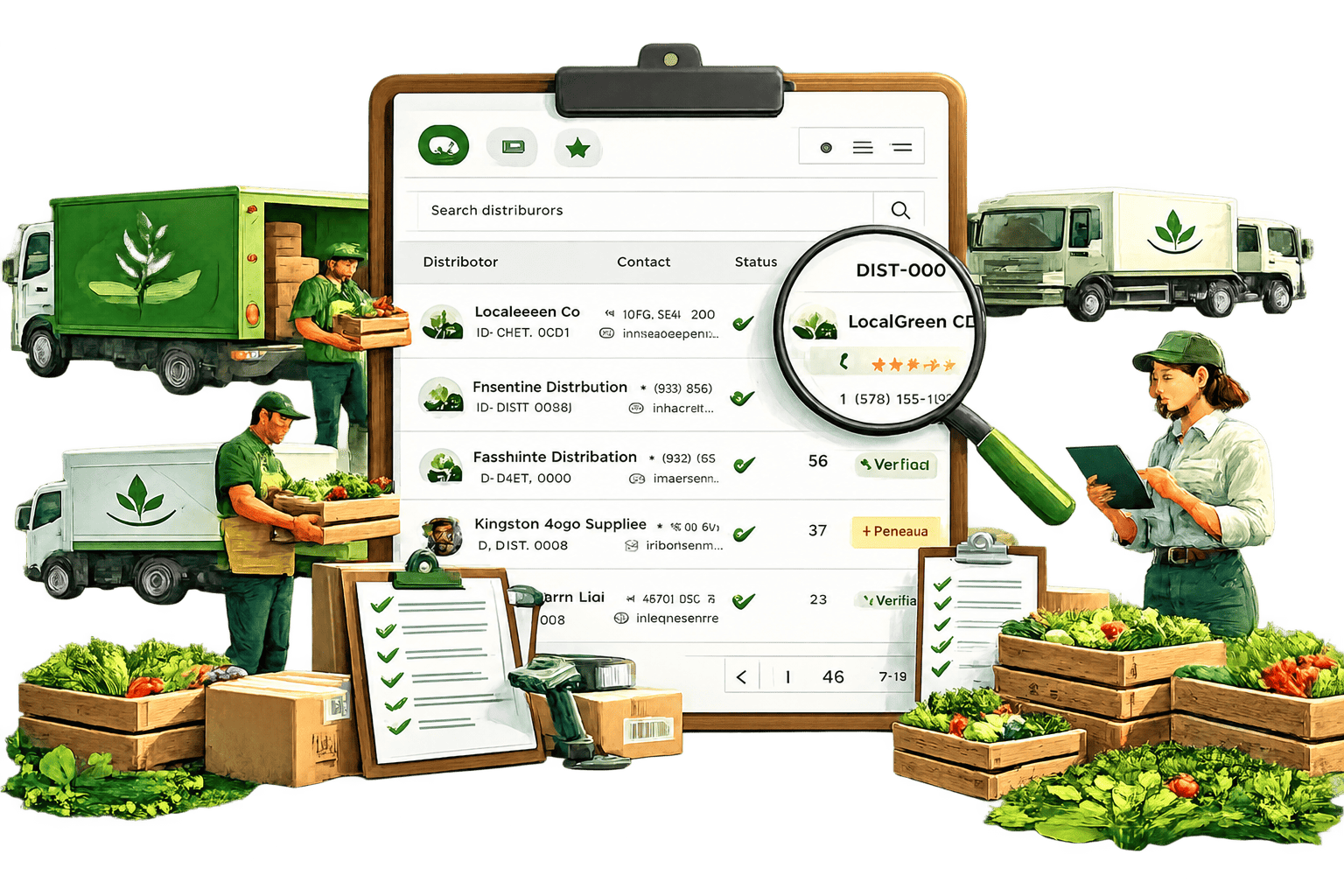 Food distributors coordinating produce deliveries and distribution records