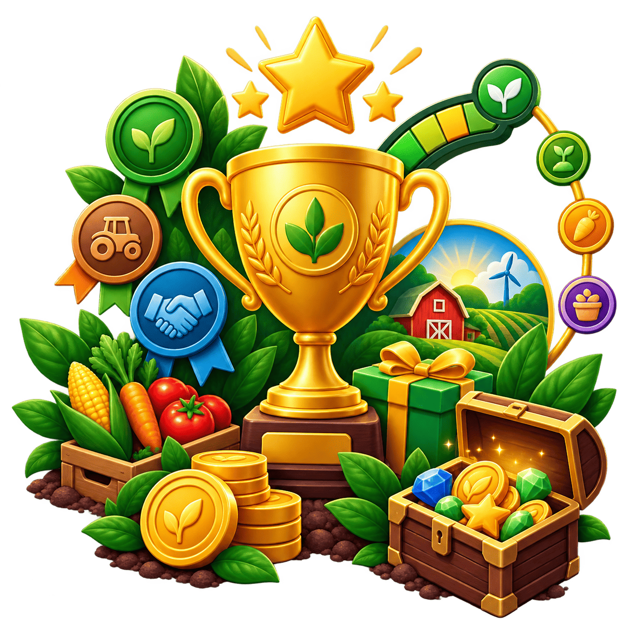 Farmer achievements, badges, and leaderboard progress