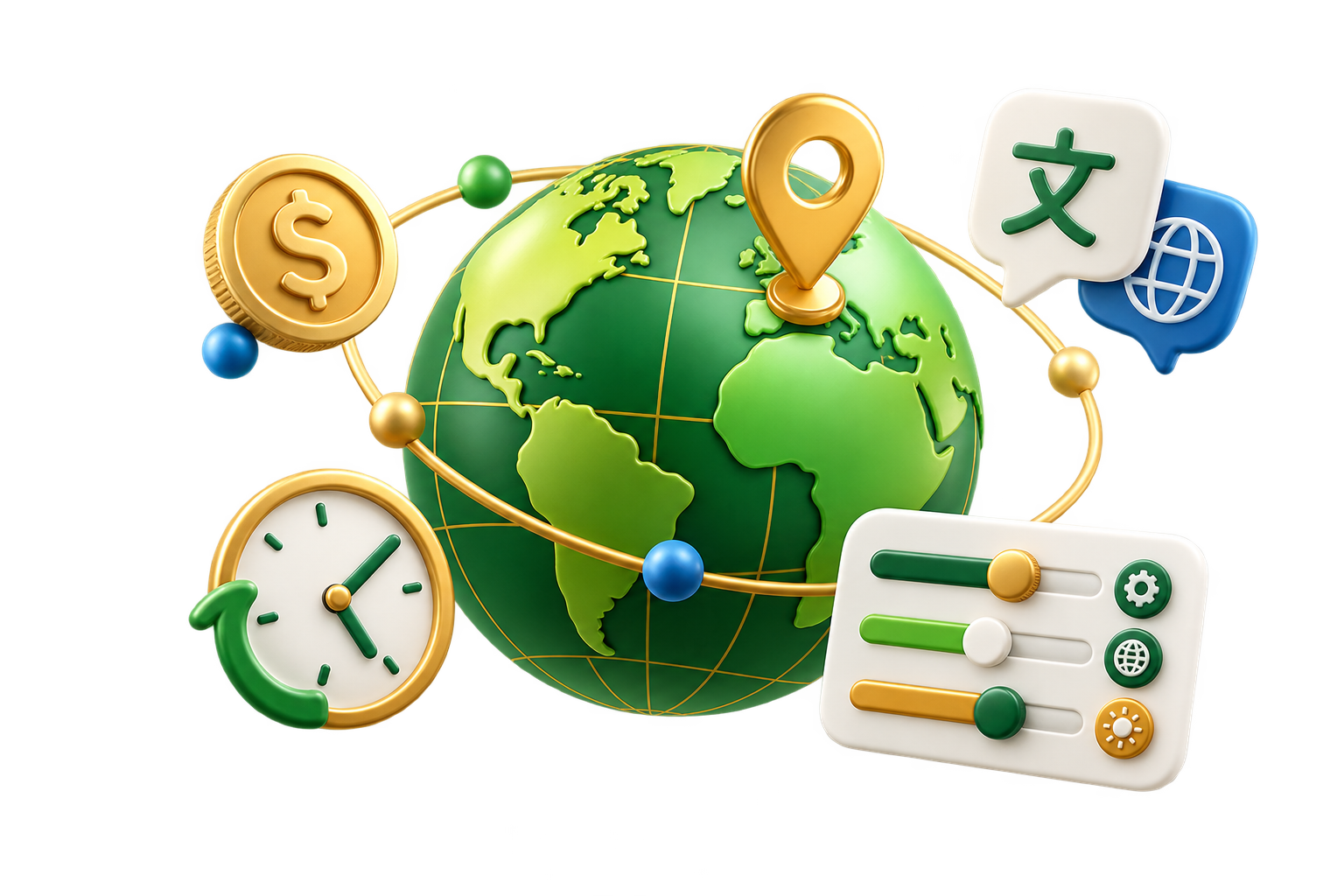 Illustration of global currency, locale, timezone, and platform controls